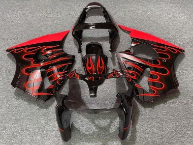 2000-2002 Kawasaki ZX6R Motorcycle Fairings - Glossy Black Red Flame UK Manufacturers