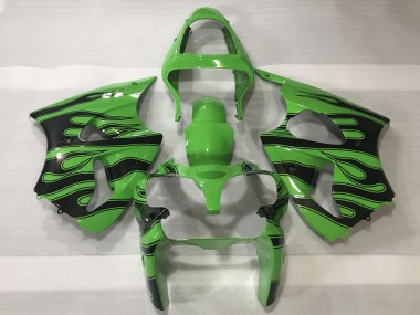 2000-2002 Kawasaki ZX6R Motorcycle Fairings - Green Black Flame UK Manufacturers