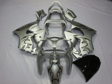 2000-2002 Kawasaki ZX6R Motorcycle Fairings - Silver Black Flame UK Manufacturers
