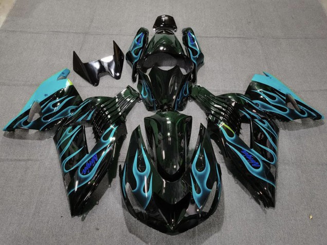 2006-2011 Kawasaki ZX14R Motorcycle Fairings - Glossy Black Light Blue Flame UK Manufacturers