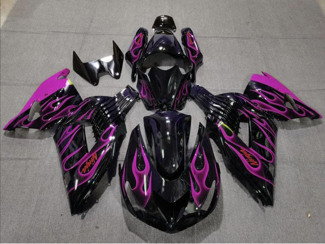2006-2011 Kawasaki ZX14R Motorcycle Fairing - Glossy Black Purple Flame UK Manufacturers