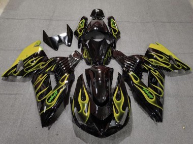 2006-2011 Kawasaki ZX14R Motorcycle Fairings - Glossy Black Yellow Flame UK Manufacturers