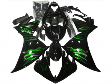 2009-2011 Yamaha R1 Motorcycle Fairings - Glossy Black Green Flame UK Manufacturers