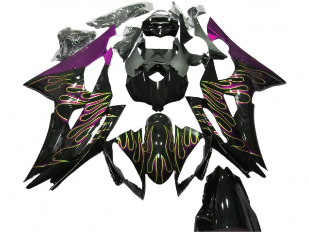 2008-2016 Yamaha R6 Motorcycle Fairings - Purple Glossy Black Gold Flame UK Manufacturers