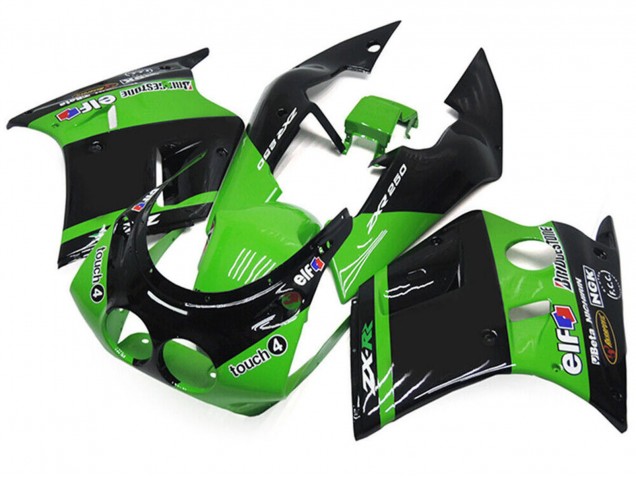 1989-1990 Kawasaki ZXR250 Motorcycle Fairings - Green Glossy Black Elf Touch4 Bridgestone UK Manufacturers