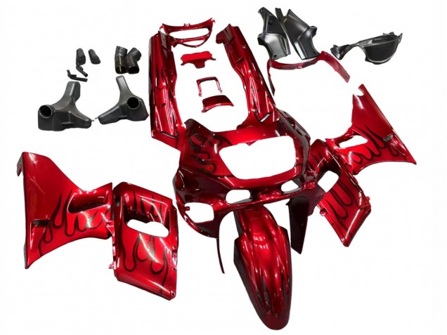 1998-2003 Kawasaki ZZR600 Motorcycle Fairings - Red with Black Flame UK Manufacturers