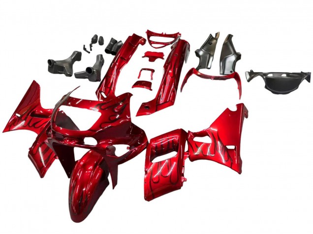 1998-2003 Kawasaki ZZR600 Motorcycle Fairings - Red with Black Flame UK Manufacturers