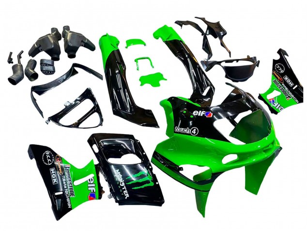 1993-2007 Kawasaki ZZR400 Motorcycle Fairings - Green Glossy Black Green Monster Elf Touch4 Bridgestone UK Manufacturers