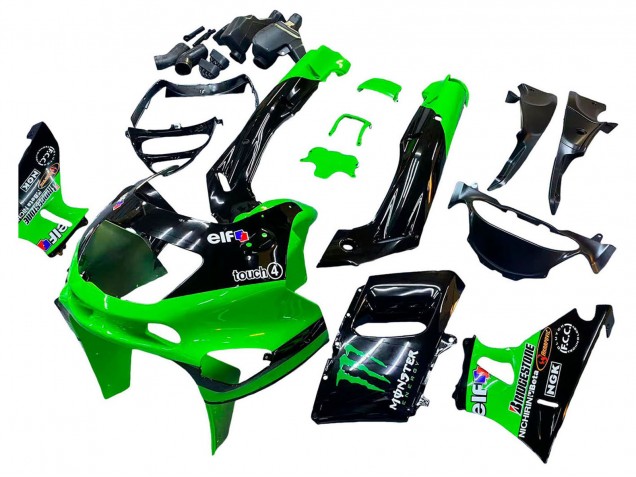 1993-2007 Kawasaki ZZR400 Motorcycle Fairings - Green Glossy Black Green Monster Elf Touch4 Bridgestone UK Manufacturers