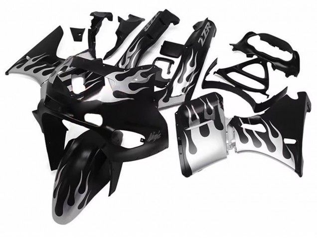 1993-2007 Kawasaki ZZR400 Motorcycle Fairings - Glossy Black Silver Flame UK Manufacturers