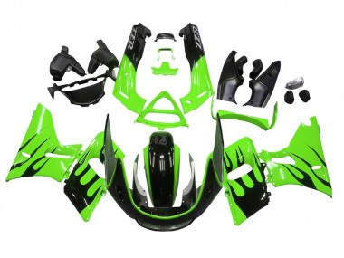 1998-2003 Kawasaki ZZR600 Motorcycle Fairings - Green Glossy Black Flame UK Manufacturers