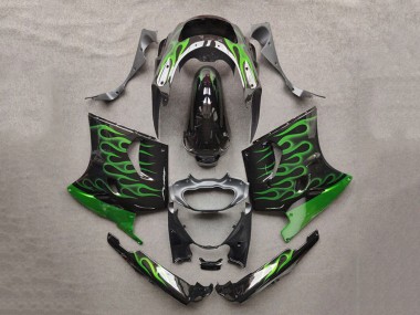 1993-2003 Kawasaki ZZR1100 Motorcycle Fairings - Glossy Black Green Flame UK Manufacturers