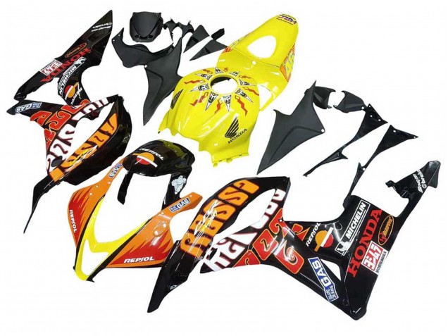 2007-2008 Honda CBR600RR Motorcycle Fairings - Yellow Orange Glossy Black Rossi Repsol UK Manufacturers