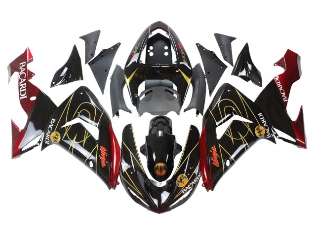 2006-2007 Kawasaki ZX10R Motorcycle Fairings - Black Red Gold BACARDI UK Manufacturers