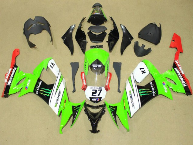 2008-2010 Kawasaki ZX10R Motorcycle Fairings - Green White Red Black Elf Green Monster Energy 27 UK Manufacturers
