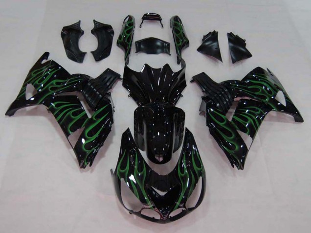 2006-2011 Kawasaki ZX14R ZZR1400 Motorcycle Fairing - Glossy Black Green Flame UK Manufacturers
