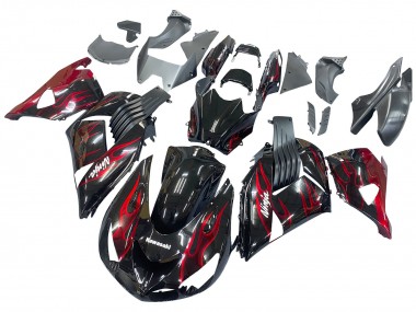 2006-2011 Kawasaki ZX14R ZZR1400 Motorcycle Fairing Kits - Glossy Black Red Flame UK Manufacturers