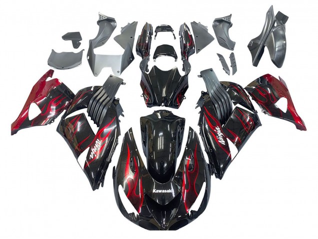 2006-2011 Kawasaki ZX14R ZZR1400 Motorcycle Fairing Kits - Glossy Black Red Flame UK Manufacturers