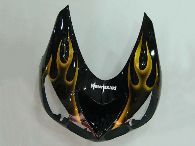 2006-2011 Kawasaki ZX14R ZZR1400 Motorcycle Fairings - Glossy Black Gold Flame UK Manufacturers
