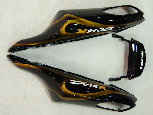 2006-2011 Kawasaki ZX14R ZZR1400 Motorcycle Fairings - Glossy Black Gold Flame UK Manufacturers