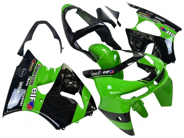1998-1999 Kawasaki ZX6R Motorcycle Fairings - Green Glossy Black Elf Bridgestone UK Manufacturers