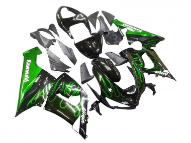 2005-2006 Kawasaki ZX6R Motorcycle Fairing - Glossy Black Green Flame UK Manufacturers