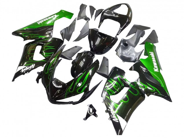 2005-2006 Kawasaki ZX6R Motorcycle Fairing - Glossy Black Green Flame UK Manufacturers