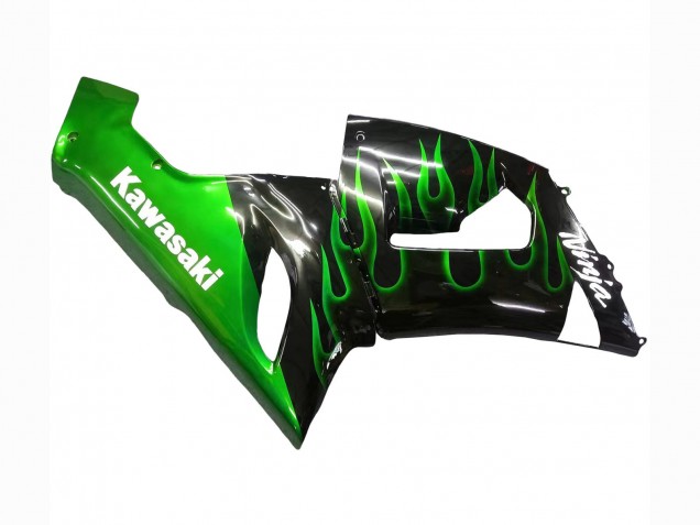2005-2006 Kawasaki ZX6R Motorcycle Fairing - Glossy Black Green Flame UK Manufacturers