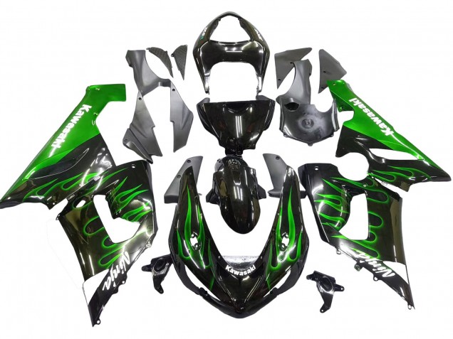 2005-2006 Kawasaki ZX6R Motorcycle Fairing - Glossy Black Green Flame UK Manufacturers