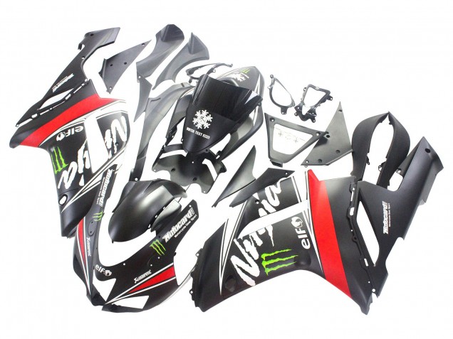 2007-2008 Kawasaki ZX6R Motorcycle Fairings - Black White Red with White Snow Decal Ninja Elf UK Manufacturers