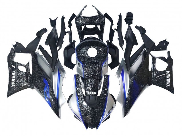 2022-2024 Yamaha YZF R3/R25 Motorcycle Fairings - Marble Black Silver Blue Forged Carbon Fiber Style UK Manufacturers
