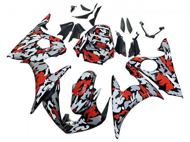 2006-2009 Yamaha YZF R6S Motorcycle Fairings - Black Red Grey Camouflage UK Manufacturers