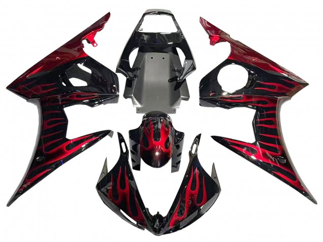 2005 Yamaha YZF 600 R6 Motorcycle Fairings - Black with Red Flame UK Manufacturers