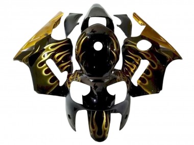 2000-2001 Kawasaki ZX12R Motorcycle Fairings - Glossy Black Gold Flame UK Manufacturers