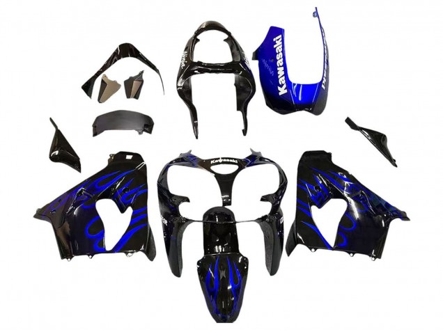 2000-2001 Kawasaki ZX9R Motorcycle Fairings - Glossy Black Blue Flame White UK Manufacturers