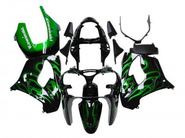 2000-2001 Kawasaki ZX9R Motorcycle Fairings - Glossy Black Green Flame White UK Manufacturers
