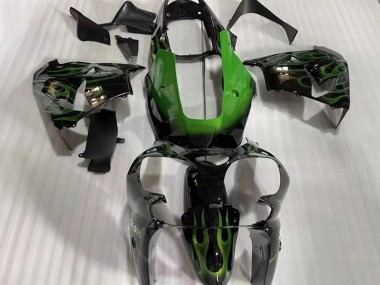 2002-2003 Kawasaki ZX9R Motorcycle Fairings - Glossy Black Green Flame UK Manufacturers