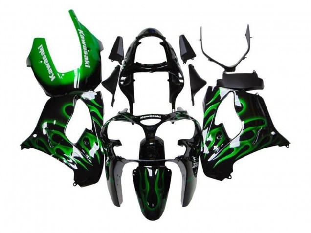 2002-2003 Kawasaki ZX9R Motorcycle Fairings - Black White with Green Flame UK Manufacturers