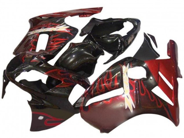 2000-2001 Kawasaki ZX12R Motorcycle Fairings - Glossy Black Red Flame UK Manufacturers