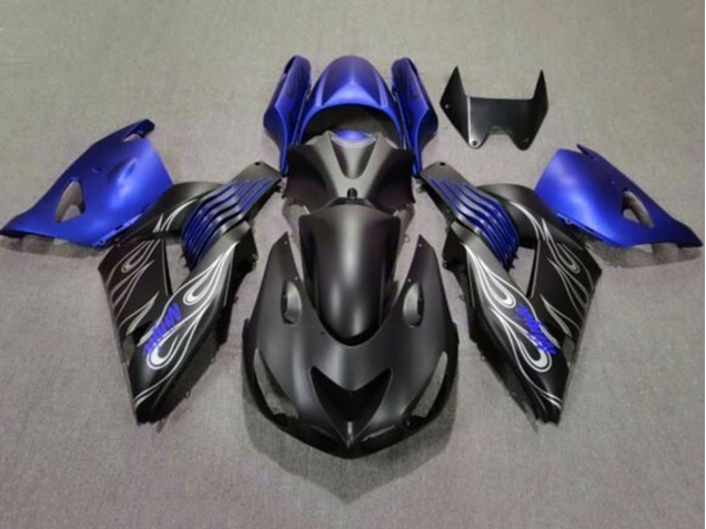 2006-2011 Kawasaki ZX14R ZZR1400 Motorcycle Fairings - Matte Black Blue Silver Flame UK Manufacturers