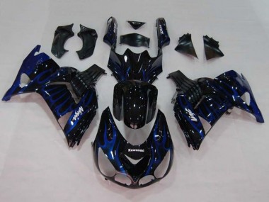 2006-2011 Kawasaki ZX14R ZZR1400 Motorcycle Fairings - Glossy Black Blue Flame UK Manufacturers
