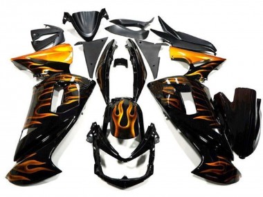 2006-2008 Kawasaki Ninja 650 EX650 Motorcycle Fairings - Glossy Black Gold Flame UK Manufacturers