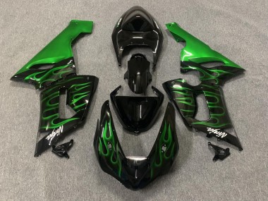 2005-2006 Kawasaki ZX6R Motorcycle Fairings - Glossy Black Green Flame UK Manufacturers