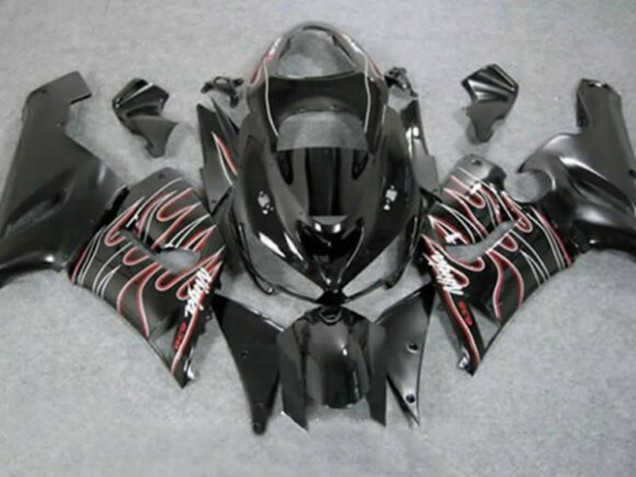 2005-2006 Kawasaki ZX6R Motorcycle Fairings - Glossy Black Red White Flame UK Manufacturers