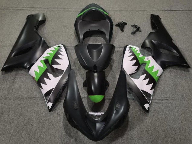 2005-2006 Kawasaki ZX6R Motorcycle Fairings - Matte Black White Green Shark UK Manufacturers