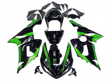 2005-2006 Kawasaki ZX6R Motorcycle Fairings - Green Glossy Black Monster Stripe UK Manufacturers