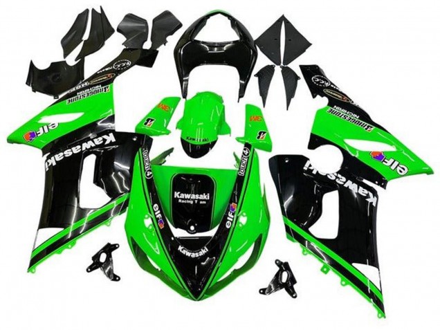 2005-2006 Kawasaki ZX6R Motorcycle Fairings - Glossy Black Green White Elf Touch4 Bridgestone UK Manufacturers