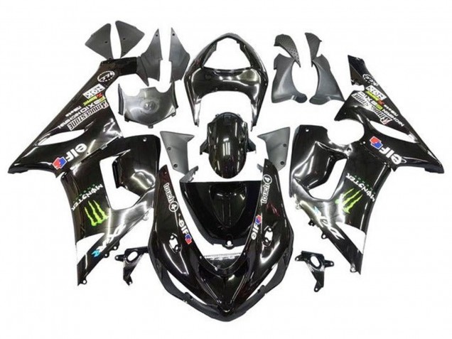 2005-2006 Kawasaki ZX6R Motorcycle Fairings - Glossy Black Yellow Monster UK Manufacturers