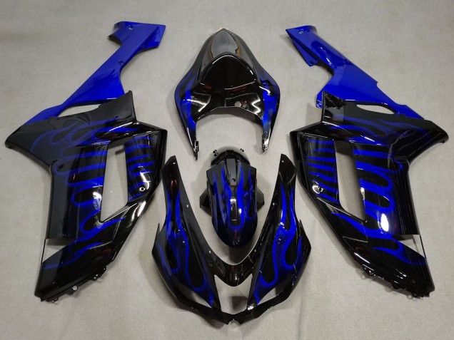 2007-2008 Kawasaki ZX6R Motorcycle Fairings - Black Blue Flame UK Manufacturers