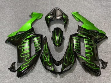 2007-2008 Kawasaki ZX6R Motorcycle Fairings - Black Green Flame UK Manufacturers